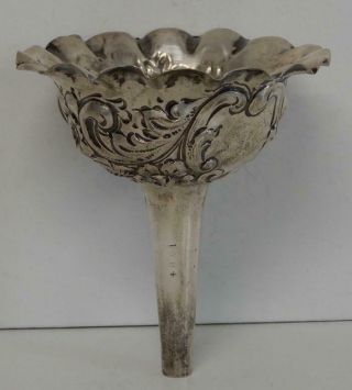 18 - 1900’s Sterling Silver Table/wine Funnel W/ Attached Ring - Floral Repousse