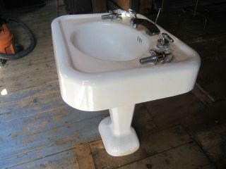 1936 Antique Bathroom Pedestal Sink With Two Faucets