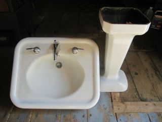 1936 Antique Bathroom Pedestal Sink With Two Faucets 3