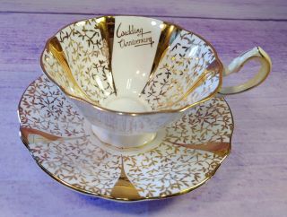 Gold Lace Queen Anne Bone China Teacup & Saucer Wedding Anniversary England Vtg