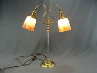Antique 1920 Rubal Lighting Art Deco Brass Double Table Lamp Pink Satin Shades