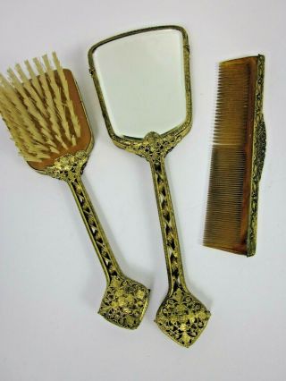 Vintage 3 Piece Vanity Set Brush Handheld Mirror & Comb