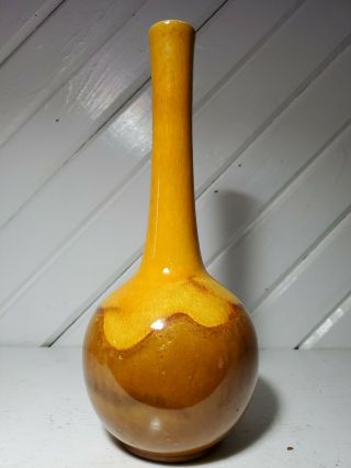 10 " Vtg Mcm Royal Haeger Pottery Yellow And Brown Drip Glaze Bud Vase Marigold