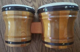 Vintage Wooden Double Bongo Drums Hecho En Mexico Two Tone Wood & Sound