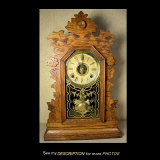 Antique Wm Gilbert Oak Gingerbread Parlor Mantle Clock