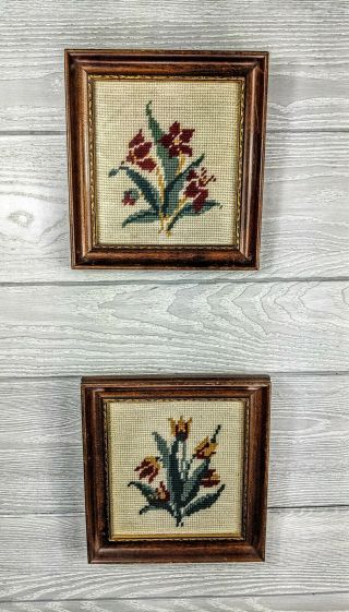 Vintage Flower Bouquet Needlepoint Framed Wall Art Floral Yellow Red Green Color