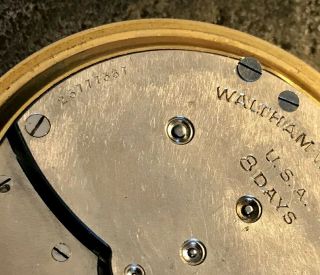 Waltham grade 37 eight day clock 7 jewels,  exc.  dial,  car clock type,  runs. 3