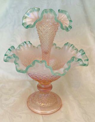 Antique Fenton Epergne Vase Pink Aqua Signed By Bill Fenton