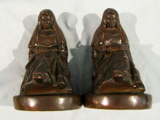 Antique Kbw - Kathodian Bronze Bookends - Reading Nun - Artist Signed