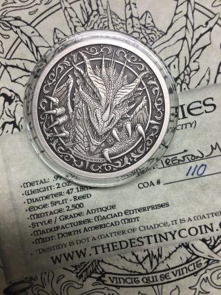 2 Troy Oz.  999 Fine Silver Art Round - Antiqued Dragon Coin