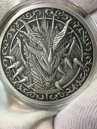2 Troy Oz.  999 Fine Silver Art Round - ANTIQUED Dragon Coin 2