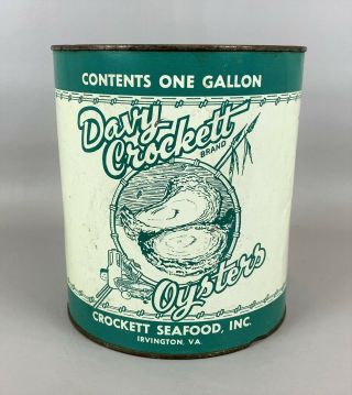 Antique 1 Gallon Davy Crockett Oyster Advertising Tin Can