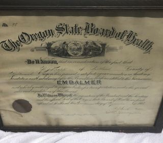 Antique 1906 Oregon Funeral Directors Embalming License.