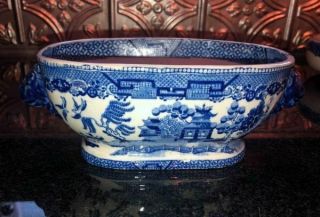 Antique Very Old Blue Willow Small Tureen Chinese Stone China Lions Heads Handle