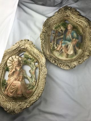 Large Antique Victorian Couple Chalkware Wall Plaques 13”w X 18”h X 2”d