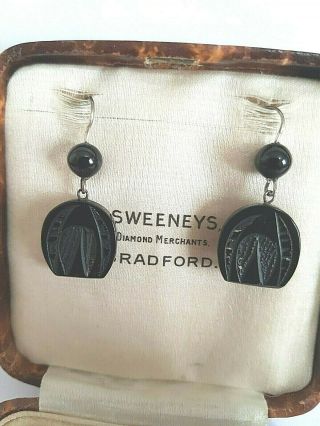 Antique Victorian Whitby Jet Small Horseshoe Dangle Carved Earrings C1880