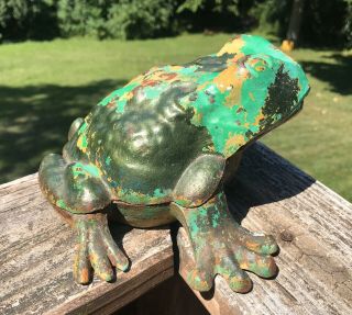 Antique Cast Iron Frog Still Bank Green Paint
