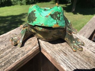 Antique Cast Iron Frog Still Bank Green Paint 3