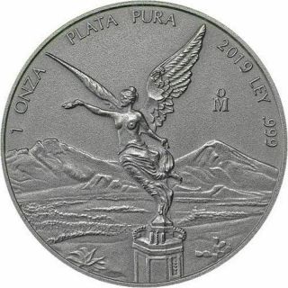 2019 1 oz.  999 Fine Silver Mexican Libertad Antiqued BU coin only 1,  000 minted 3
