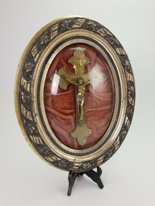 French Antique Oval Convex Glass Crucifix Religious Jesus Christ