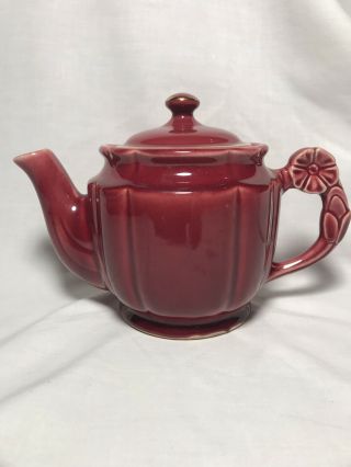 Vintage Shawnee Usa Teapot Maroon Red W/flowered Handle Lid By Different Maker