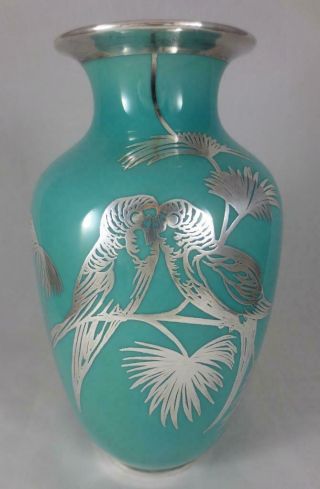 Vtg Efehenbach/ Deusch W.  Germany 8 " Porcelain Vase Silver Overlay Parakeets