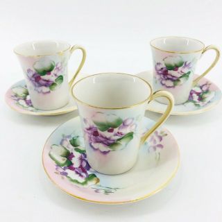 Vintage Nippon China Je - Oh Hand Painted Demitasse Cups Saucers Set Of 3