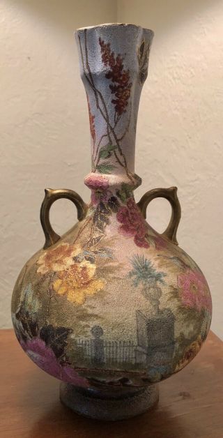 Antique Hand - Painted Royal Bonn Germany,  Green Floral Vase,  10”