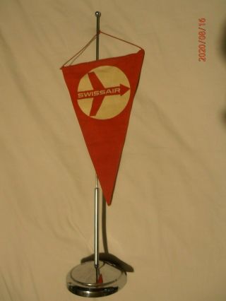 1960s Travel Agent Desk Flag Pennant Swiss Air On Metal Chrome Stand