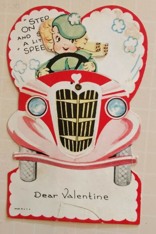 Vintage Mechanical Valentine Girl With Hat Driving Car 1937 Stand Up