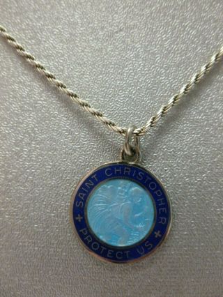 Vintage Sterling Silver Dark Light Blue Enamel Saint Christopher Medal Necklace
