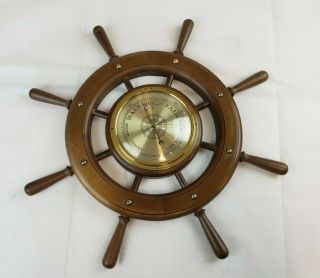 Vintage Barometer Nautical Ships Wheel Made In Germany Wooden And Brass A38