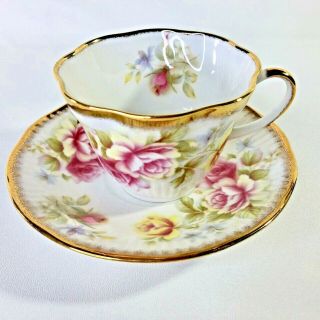 Queens Rosina Teacup And Saucer Pink Yellow Rose Bone China England Vtg Gold Cup