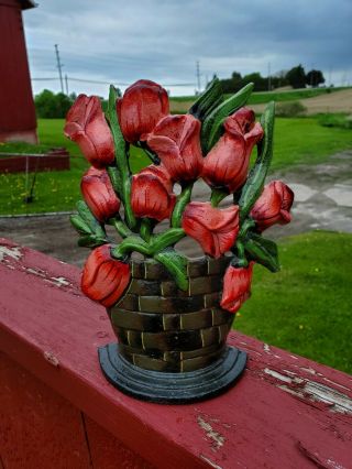 Antique Cast Iron Doorstop Soft Red Tulip Door Stop Gorgeous Floral In Basket