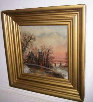 Antique 19th Cent Oil Painting Snow Scene Evening Man With Fire Wood J C Hanson