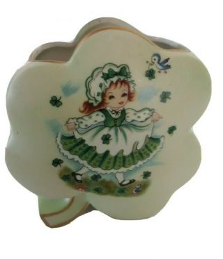 Vtg Lefton Porcelain Shamrock Irish Girl Clover Leaf Vase Planter Green St Pat
