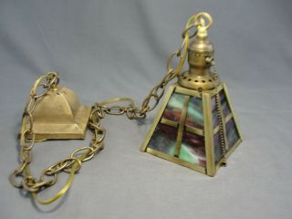 Antique Brass Arts & Crafts Mission Pendant Light Purple Green Slag Glass Shade