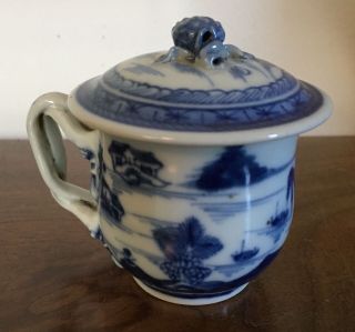 Chinese Export Porcelain Cup & Cover Pot De Creme 19th C.  Canton Blue And White