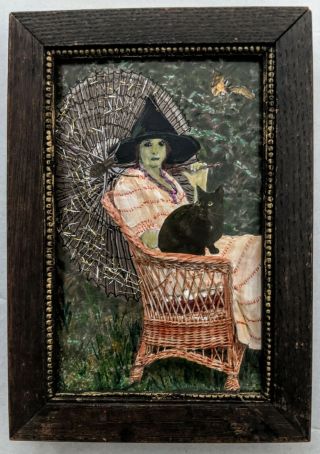 Vintage Halloween Art Mixed Media Seated Witch W/cat Collage