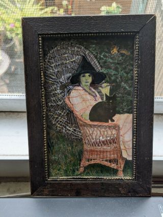 Vintage Halloween Art Mixed Media Seated Witch w/Cat Collage 2