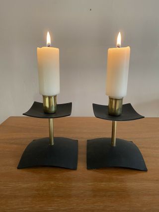 Vintage Mid Century Modern Brass And Wrought Iron Candle Holders