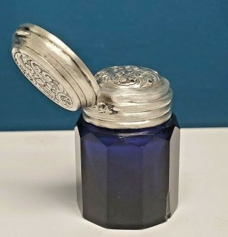 Antique Victorian Sterling Silver Cobalt Blue Glass Perfume Vinaigrette Bottle