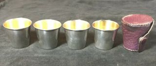 4 Pc Sterling Silver Shot Glass / Cordial Set With Leather Travel Case