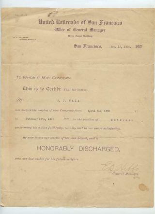 1906 United Railroads Of San Francisco California Discharge Document Motorman