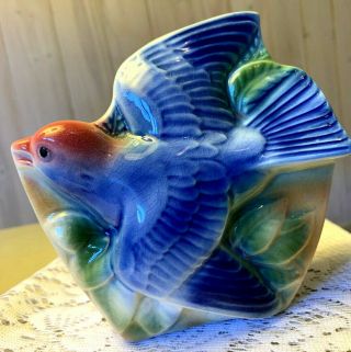 Vintage Royal Copley - Ceramic Glazed Flying Blue Bird Wall Pocket Planter/vase