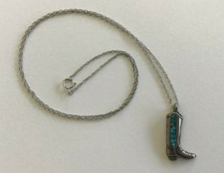 Vintage Sterling Silver Blue Turquoise Chip Inlay Cowboy Boot Pendant Necklace