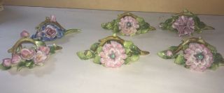 Set Of 6 Antique Vintage Dresden Porcelain Flower Place Card Holders