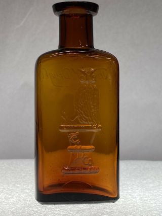 The Owl Drug Company Amber Glass Med.  Bottle 4 1/2” Tall