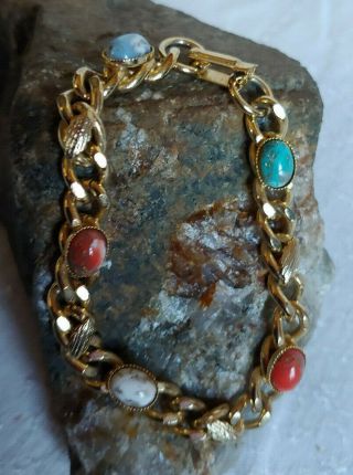 Vintage Multi Color Glass Oval Stone Chunky Gold Tone Chain Bracelet 7 - 1/4 "