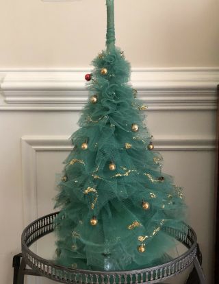 19 " Vintage Tabletop Green Tulle Netting Christmas Tree With Vtg Glass Bulbs